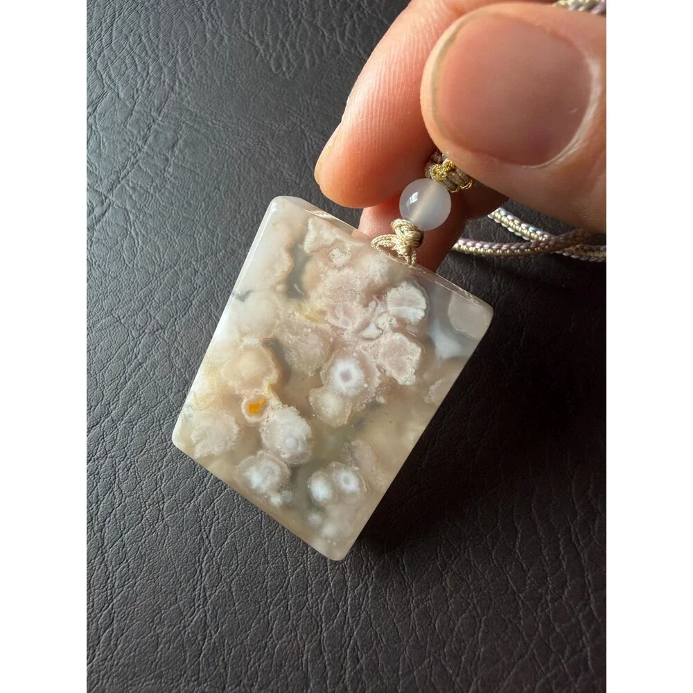 Pink Icy cream untreated Flower Agate Peace Buckle Pendant Necklace Statement